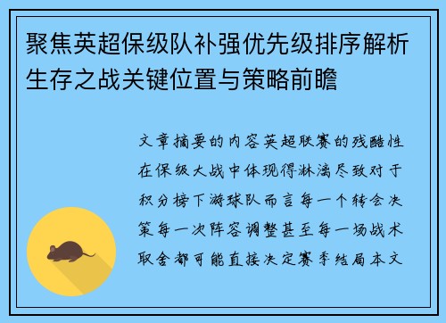 聚焦英超保级队补强优先级排序解析生存之战关键位置与策略前瞻