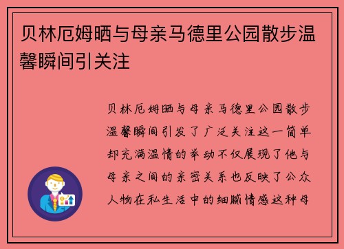 贝林厄姆晒与母亲马德里公园散步温馨瞬间引关注